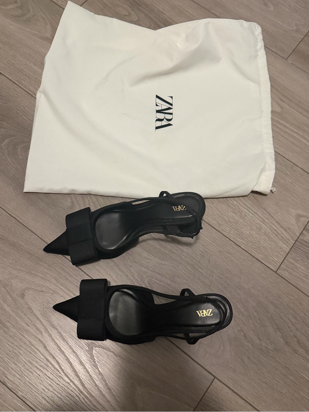 Zara Black Pointed Bow Slingback Heels